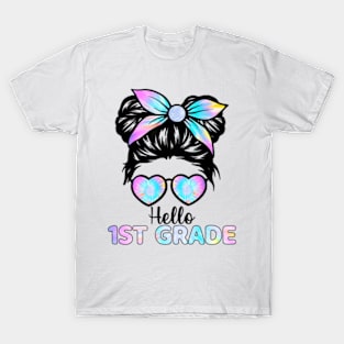 Hello 1st Grade Messy Hair Bun Girl Back To School First Day T-Shirt